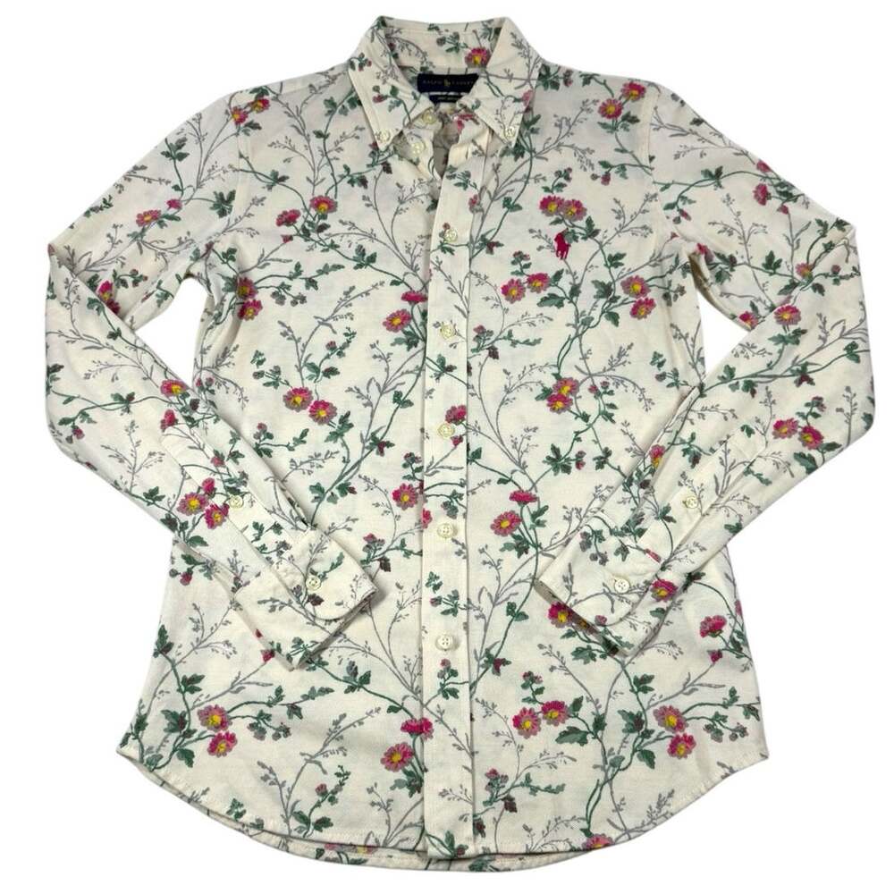 Polo Ralph Lauren Heidi Floral Button Up Shirt S Knit Oxford Cotton Ivory Blouse